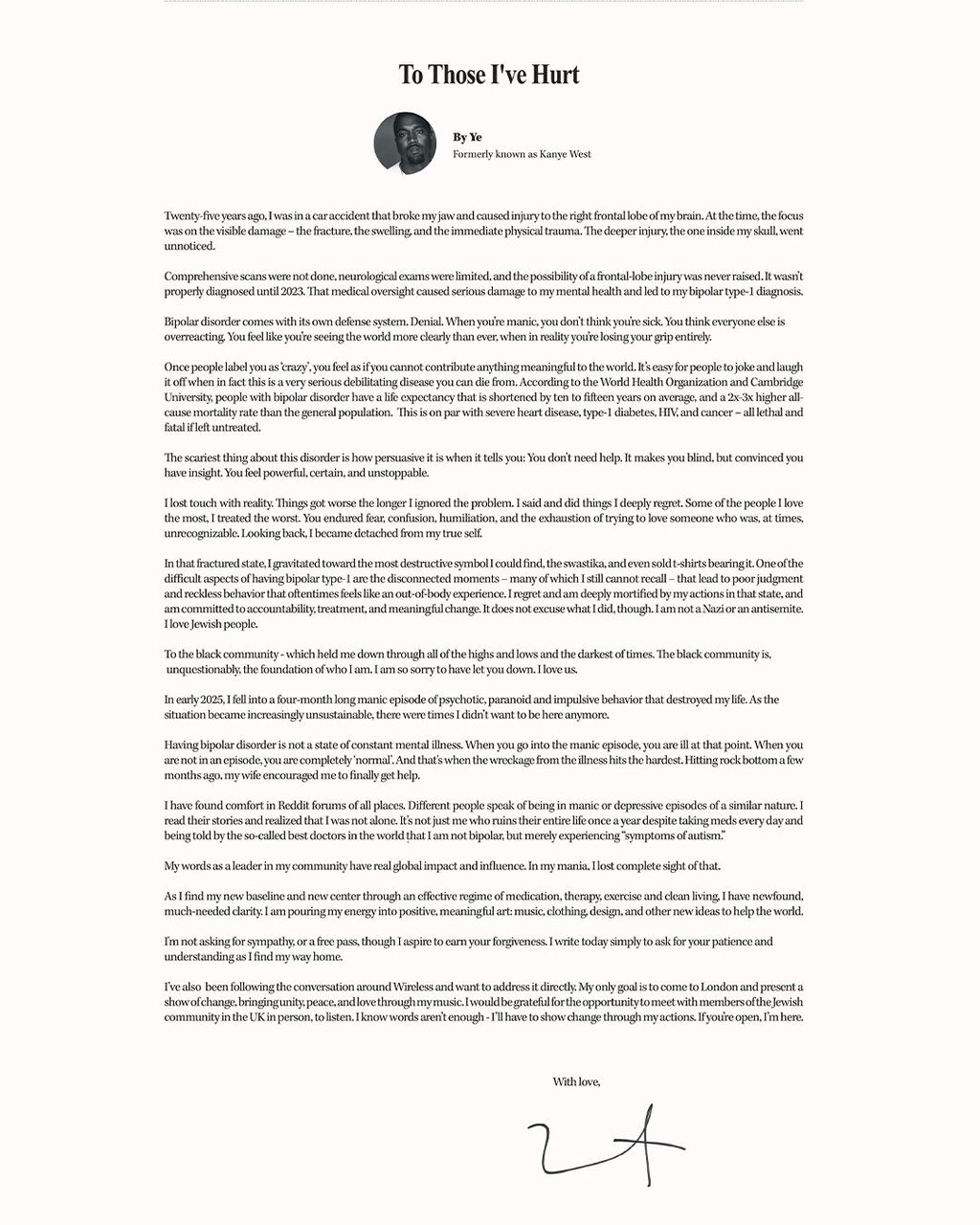 Read Ye’s latest statement regarding his Wireless performances